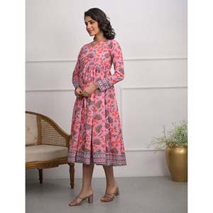 Robe longue rose en coton imprimé Angrakha, taille empire, style bohème décontracté, respirante, longueur ras du sol, pour femme de bureau, taille XL, ODM - Product Image 4