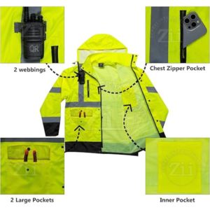 Veste de sécurité imperméable à manches longues en polyester, haute visibilité, réfléchissante, classe 2 ANSI, résistante au vent, caractéristiques d'hiver, vêtements de travail, poches - Product Image 5