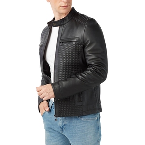 Veste d'hiver en cuir véritable et toile pour homme, couleur unie |   Imperméable, respirant, écologique |   Col roulé |   High Street - Product Image 2