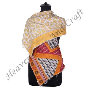 SC1012 Vintage Kantha Work Cotton Handmade <b>Scarf</b> Trendy Design Girls Allover Hand Stitched Plain Style <b>Long</b> Length - Product Image 3