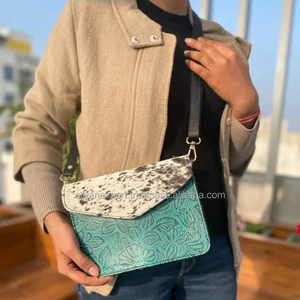New Arrival Western Stylish Embossed Floral Print Fur Leather Sling Bags Women Stylish Turquoise Embossed Leather Shoulder Bags - Product Image 4