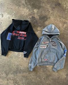 Custom Zip-Up <b>Hoodie</b> Polyester/Cotton Heavyweight Winter Breathable Distressed Patch Embroidery Double Hood <b>Hoodie</b> - Product Image 1