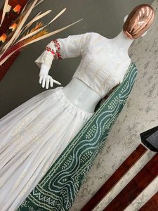 Beautiful <b>White</b> Color Indian Designer Wedding Wear <b>Lehenga</b> with Heavy Butter Silk Print & Mirror Work and Choli With Dupatta - Product Image 3