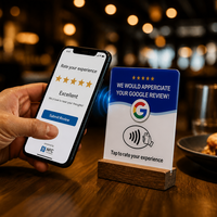 Carte NFC personnalisée pour avis Google, vente en gros, faible MOQ, plaque en acrylique avec support, code QR programmable, 13,56 MHz, étanche, pour entreprises