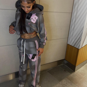 Bonne qualité Vintage Street Style survêtement 100% coton rayé en détresse survêtement sweat à capuche court broderie patch pour les femmes - Product Image 1