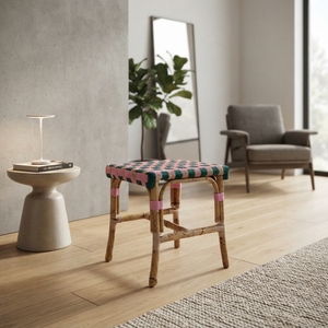 Handcrafted Rattan Pouf <b>Stool</b> Woven Brown Synthetic Strap Seat Bistro Ottoman <b>Vanity</b> Chair Indoor Outdoor Modern Portable - Product Image 3