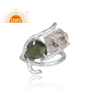 Anillo de Plata de Ley Fina con Diamante Herkimer y Moldavita en Bruto de Moda, Fabricante de Joyería Personalizada - Product Image 2