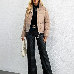 Chaqueta Corta Acolchada para Mujer, Abrigo Acolchado de Invierno con Cuello Alto, Ropa de Abrigo Cálida y Moderna, Color Caqui Oscuro - Product Image 6