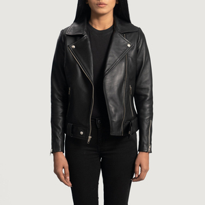 Women's Genuine <b>Leather</b> Moto <b>Jacket</b> Solid Color Zipper Closure Full Sleeve Turn-down Collar Autumn Style - Product Image 3