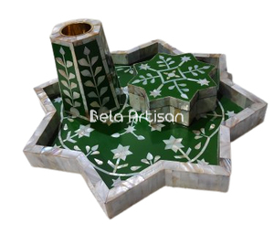 Ensemble de brûleurs Bakhoor en acier inoxydable, incrustation de nacre aromatique écologique, édition étoile florale vert émeraude - Product Image 2