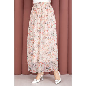 For Cream Floral Patterned <b>Elastic</b> Waist Chiffon Tulle <b>Skirt</b> with Soft Print Decoration - Product Image 2