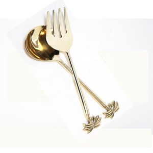 เซิร์ฟเวอร์สลัดงานแต่งงานคุณภาพสูง,เครื่องใช้บนโต๊ะอาหารทองเหลืองสีทองล้วนมีด้ามจับพร้อมใบรูปร่างเซิร์ฟเวอร์สลัด - Product Image 6