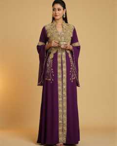 Caftán Étnico Islámico para Mujer, Talla Grande, Ligero, Largo hasta el Suelo, Manga Larga, Detalles de Cuentas Hechas a Mano, Terciopelo Rico, Poliéster - Product Image 2