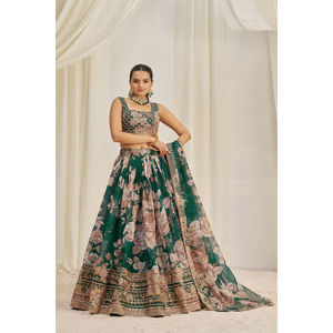 Floral Printed Organza Lehenga Set for Parties Semi-Stitched Embroidered Dupatta Unstitched Blouse Zari Dori <b>Sequin</b> Work - Product Image 1