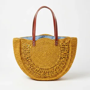 Sac à bandoulière en paille tressée fait main, sac fourre-tout en rotin avec poignées en cuir, idéal pour l'été, la plage et les voyages pour femmes - Product Image 6