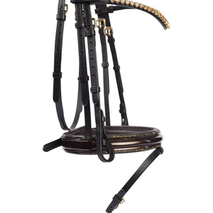Bridon de dressage anatomique personnalisable, élégant, en cuir verni brun, de haute qualité, avec bandeau frontal en cristal doré et muserolle rembourrée - Product Image 3