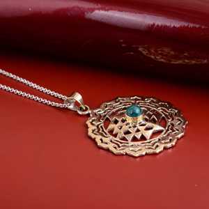 Shri Yantra Turquoise Brass Pendant 18k Gold Plated Mandala Cutout Wholesale <b>Necklace</b> - Product Image 3