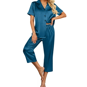 Conjunto de pijama de salón de satén transpirable suave para mujer con patrón sólido ropa de dormir con botones para verano otoño primavera - Product Image 1