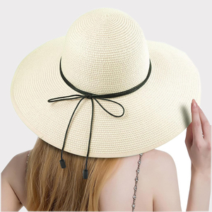 Chapeau en tricot de paille raphia à large bord vintage fait à la main par Vietnam Factory Girls Accessoire de plage à la mode pour les voyages d'été - Product Image 4
