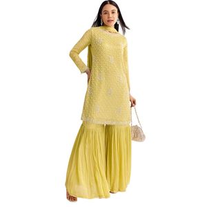ชุดชาราร่าผ้าชีฟองจอร์เจตต์สีเหลือง พร้อมผ้าคลุมไหล่ ประดับด้วยลูกปัด คัตดานา และเลื่อม แบบกลับด้านได้ สำหรับงานแต่งงาน งานเลี้ยง และงานรับรองของผู้หญิง - Product Image 2