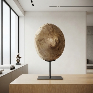 Handcrafted wooden bubu stand sculpture rustic teak carved round disk statue metal base accent decor unit display <b>art</b> <b>object</b> now - Product Image 4