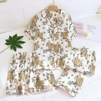 Piyama Wanita 3 Potong Bahan Katun Gauze Bernapas, Lengan Pendek, Celana Pendek, Pinggang Elastis, Katun Tipis, Pakaian Rumah untuk Musim Semi