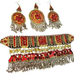 Parure de bijoux vintage afghane Kuchi en acier inoxydable pour femme, légère et respirante, collier et boucles d'oreilles pour mariage et fête - Product Image 1