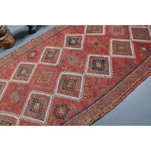 Tapis Vintage en Laine Turque 5x11.3ft Rouge & Beige Patchwork Design Grande Surface Salon Tapis Latex Support pour Décorations pour la Maison - Product Image 5