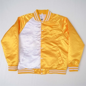 Veste universitaire en satin, deux tons, jaune et blanc, veste bomber unisexe, satin brillant, boutons-pression, style baseball - Product Image 3