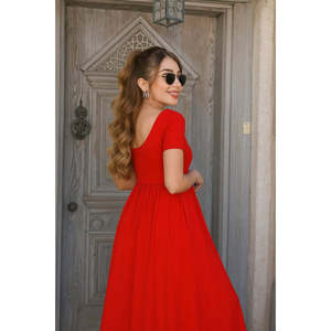 Women's Short-Sleeved Round Neck Front Slit Pocket <b>Viscose</b> Long <b>Dress</b>, 34096 - Red - Product Image 2