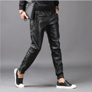 กางเกงวอร์มหนังเทียมมีกระเป๋ามีซิปสำหรับผู้ชายกางเกงทรงดินสอเข้ารูปกางเกงแฟชั่นสีดำ - Product Image 6