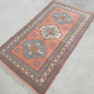 Vintage Turkish Rug 4x7 ft (122x212 cm), <b>Red</b> Floral <b>Wool</b> Rug - Product Image 3