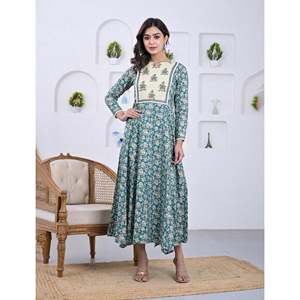 Cotton Firozi <b>Block</b> <b>Printed</b> Indian Salwar Kameez Pakistani Styled Anarkali Dress in Georgette Material Stitched Clothing - Product Image 1
