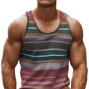 Multi-colour Men's Round Neck Rainbow <b>Stripe</b> Print Casual <b>Tank</b> <b>Top</b> Summer Fashion Simple Sleeveless Vest Breathable Men Clothing - Product Image 2