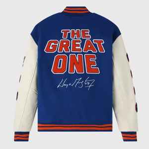 Gretzky Great One OVO Letterman College Jacket Vintage Full-snap Wool Body Manches en cuir véritable Plus Size Knitted - Product Image 5