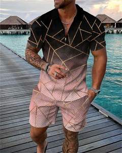 Conjunto de ropa de verano para hombre, transpirable, de talla grande, informal, con cremallera, cuello, Polo, pantalones cortos, estampado colorido, 2 uds. - Product Image 3