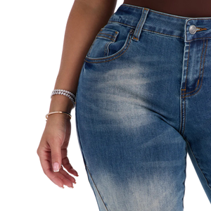 Jean évasé bleu taille haute pour femme en denim stretch, coupe bootcut, coupe slim, décontracté, pantalon à jambe large, vêtement de mode - Product Image 3