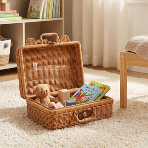Bear Rattan <b>Suitcase</b> Woven Natural Fiber Kids Travel Trunk Picnic Basket Nursery <b>Storage</b> Leather Straps Home Decoration - Product Image 2