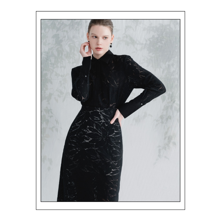 Beautiful Black Long-sleeve Women's Blouses & Shirts JEDA POINTED COLLAR SHIRT Organic Cotton Flower Lace Fabric WHITE ANT