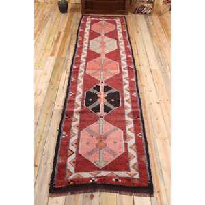 Turkish Vintage Rug 3x12.3 ft (91x375 cm), Herki <b>Red</b> <b>Wool</b> Rug - Product Image 1