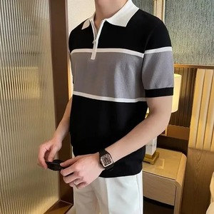 เสื้อโปโลลำลองธุรกิจฤดูร้อนแขนสั้นผู้ชาย, เสื้อยืดแขนสั้นหลวมเกาหลีพิมพ์ลายทางมีซิป - Product Image 3