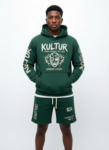 Custom Mens green Pullover Hoodie Shorts <b>set</b> Tracksuit <b>Set</b> Graphic Streetwear Heavyweight OEM Private Label B2B Manufacture - Product Image 5