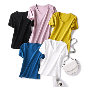 Mode à la mode col en V t-shirts pour femmes couleur unie teint confortable lâche étiquette personnalisée Fit t-shirts - Product Image 6