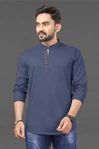 100% Cotton Indian Handmade Traditional Short Kurta Stylish O-neck Full Sleeve <b>Men</b> Short Kurta - Product Image 4