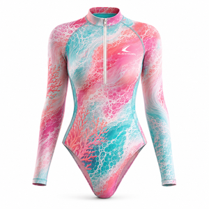 Wholesale Women's Long Sleeve One Piece Rashguard <b>Mock</b> <b>Neck</b> Half Zip High Cut Leg UPF 50+ Stretch for Beach Swimwear - Product Image 1