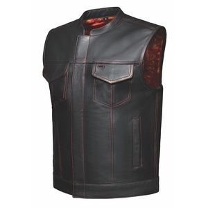 Gilet de club en cuir de vachette noir intense de haute qualité, durable, avec doublure rouge par sublimation, système de fermeture double, quatre poches extérieures - Product Image 1
