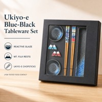 Service de table japonais en céramique bleue et noire, assiettes motif Mont Fuji, baguettes Ukiyo-e, pour 2 personnes, coffret cadeau, vente en gros, personnalisable
