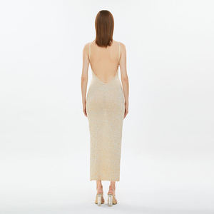 Femmes nouveau été solide motif 100% coton tricot robe-respirant Maxi décontracté Slip dos nu maigre tricoté longue pour les fêtes - Product Image 4