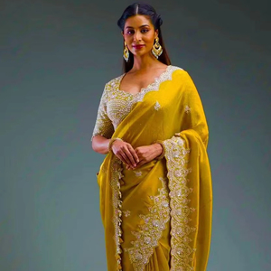 Séquence de broderie de saree en soie douce douce et lourde avec bordure en dentelle, saree de mariage, saree de fête. - Product Image 1