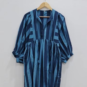 Haute qualité bleu marine rayé robe mi-longue Silhouette ample taille naturelle Floral col profond fermeture à cordes pour l'été décontracté - Product Image 1